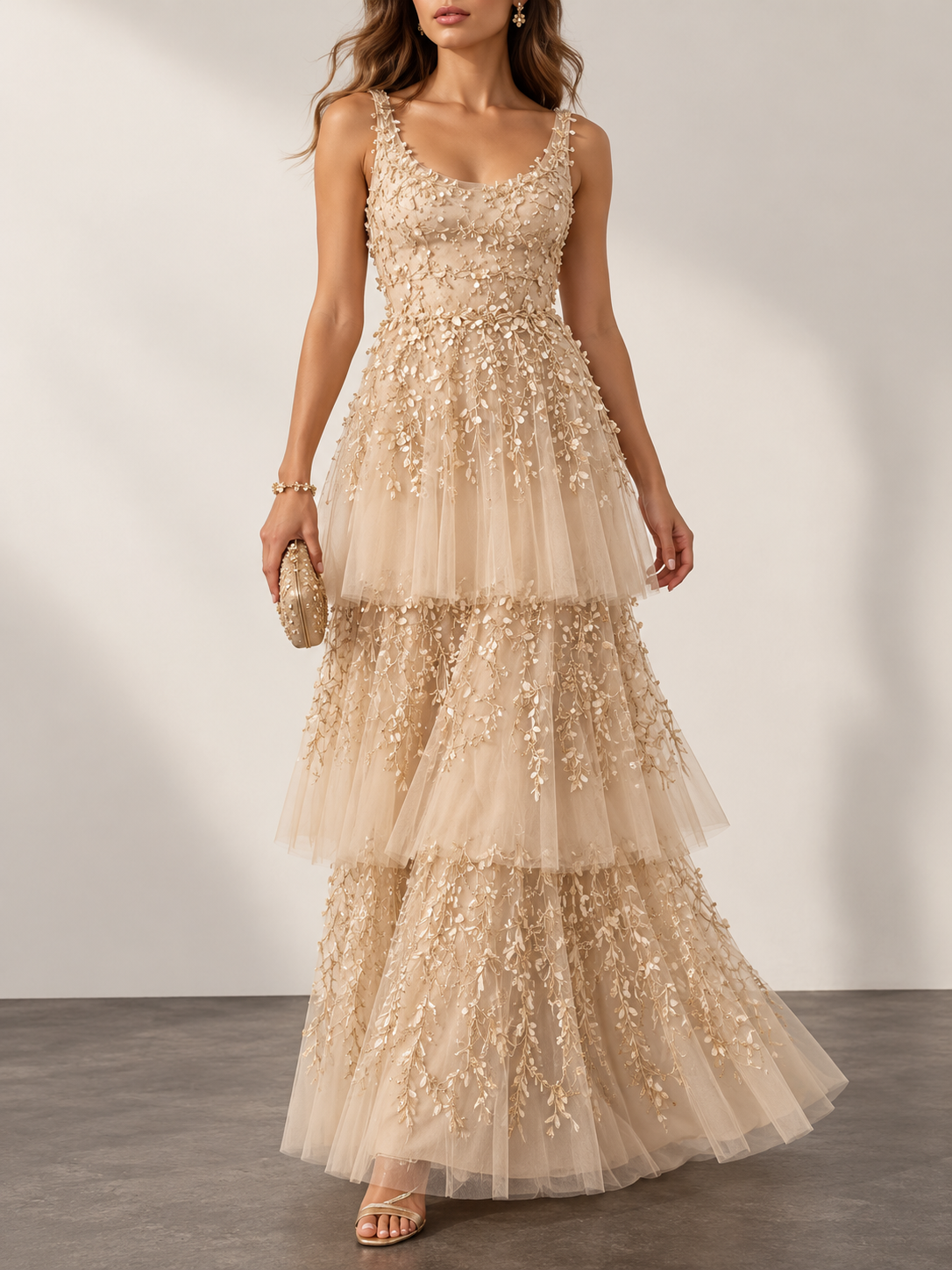 Champagne Embellished Tiered Tulle Maxi Dress