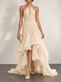 Cream Halter Ruched Bodice High Low Maxi Dress
