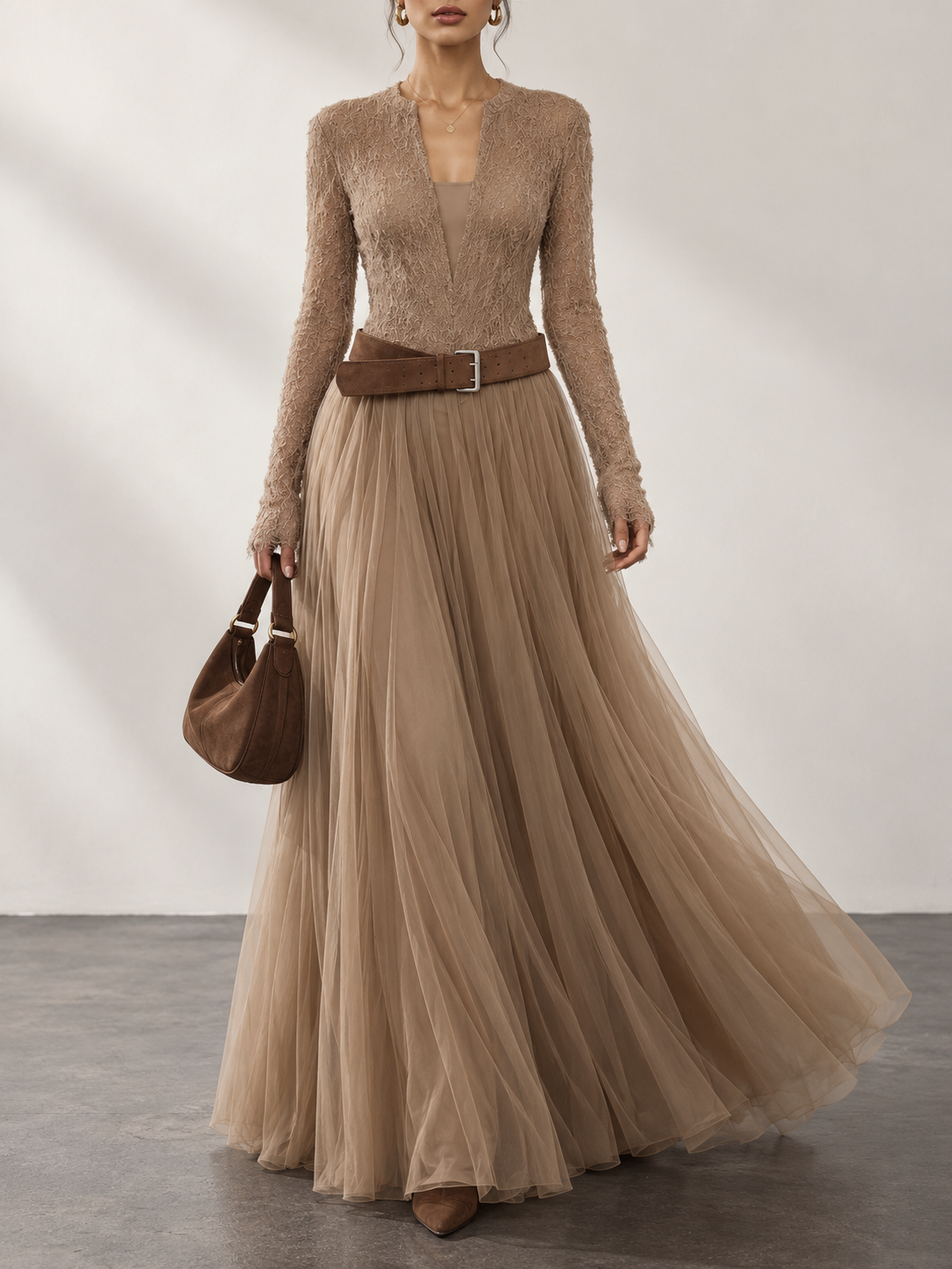 Taupe Tulle Long Sleeve Belted Maxi Dress