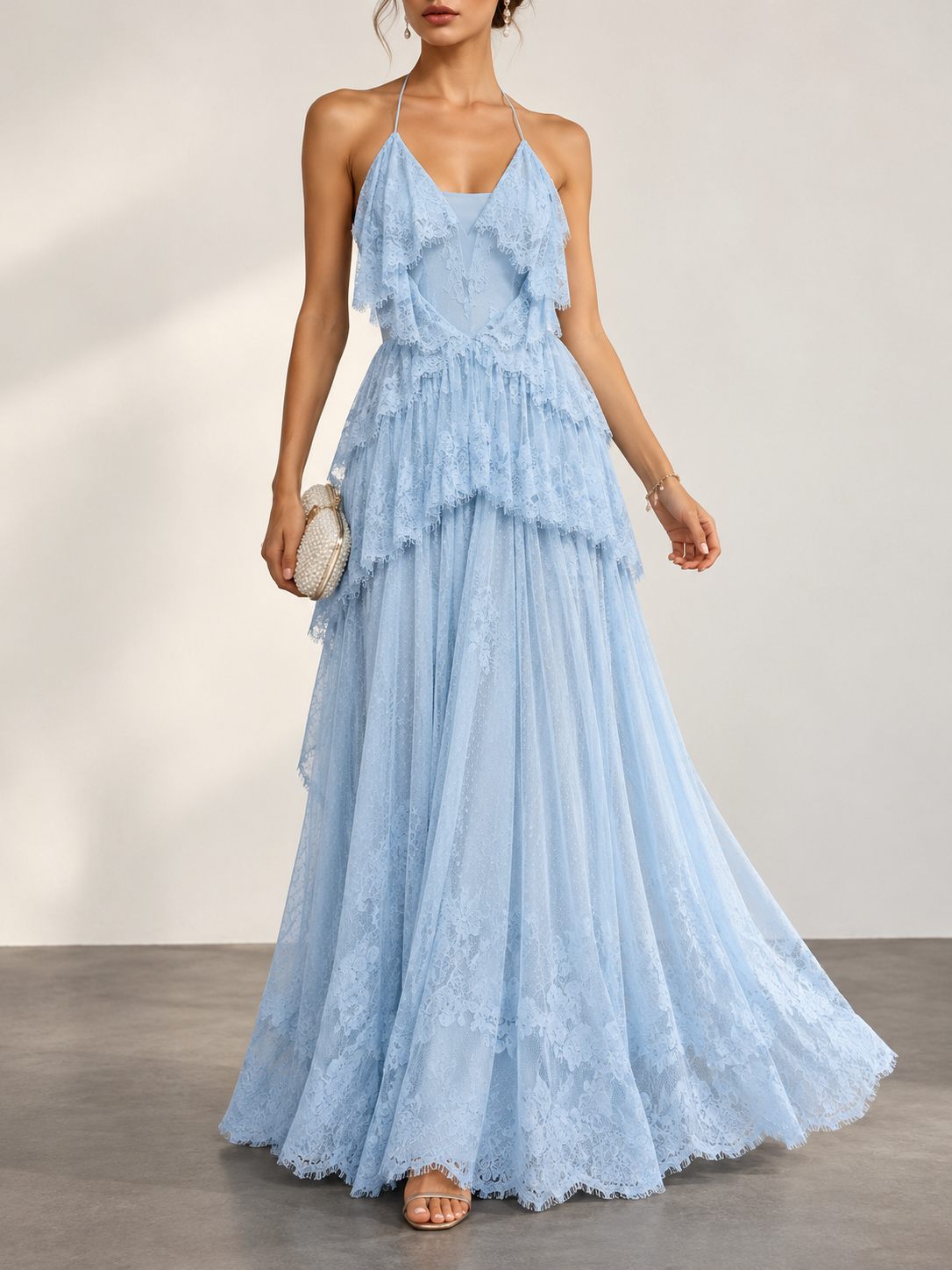 LightBlue Lace Halter Tiered Maxi Dress