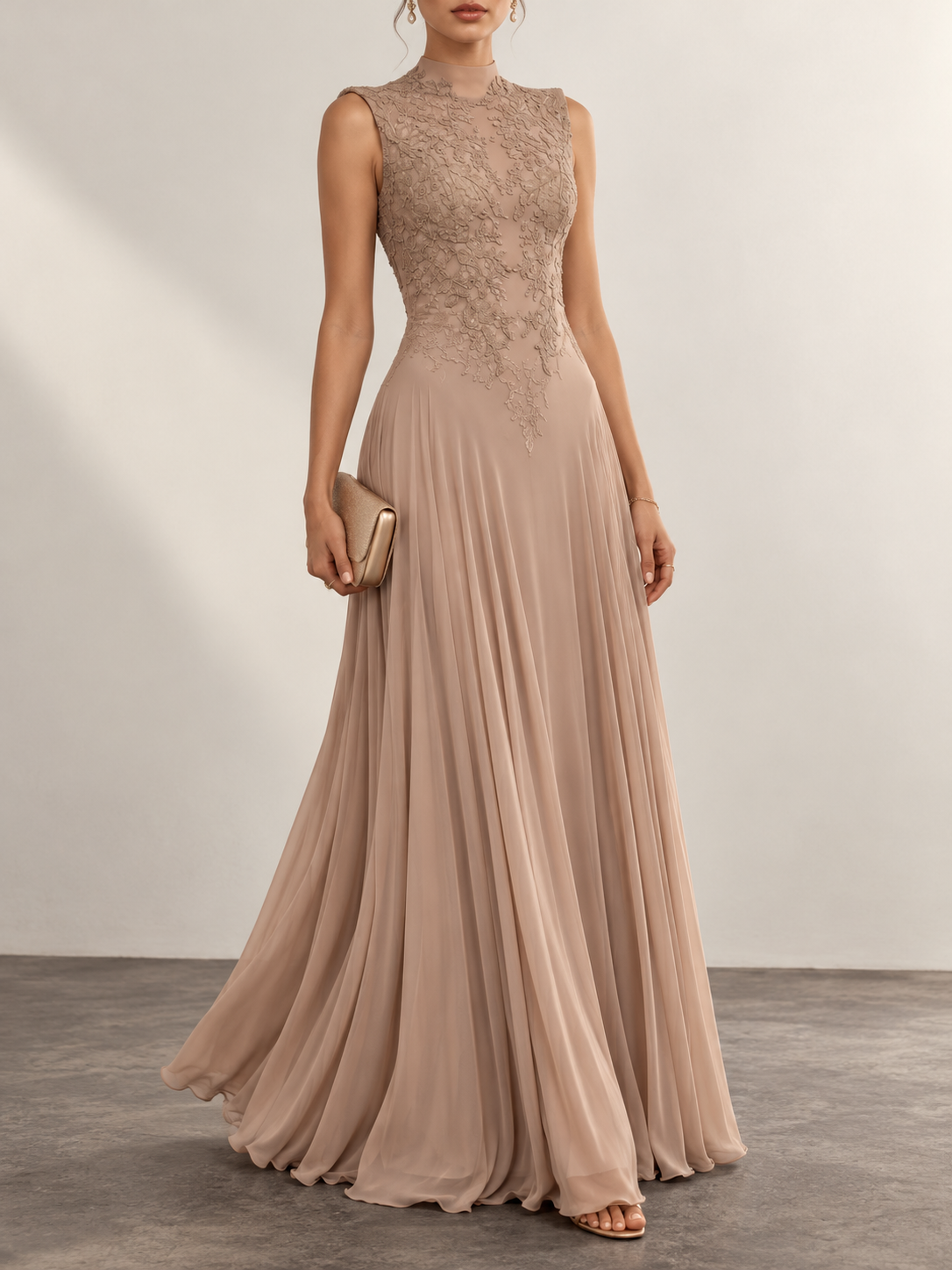 DustyPink Lace Bodice Sleeveless Maxi Dress