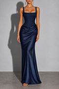 Navy Square Neck Draped Maxi Dress