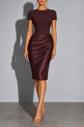 Burgundy Short Sleeve Draped Midi Dress