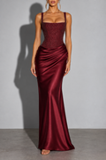 Burgundy Strapless Draped Maxi Dress