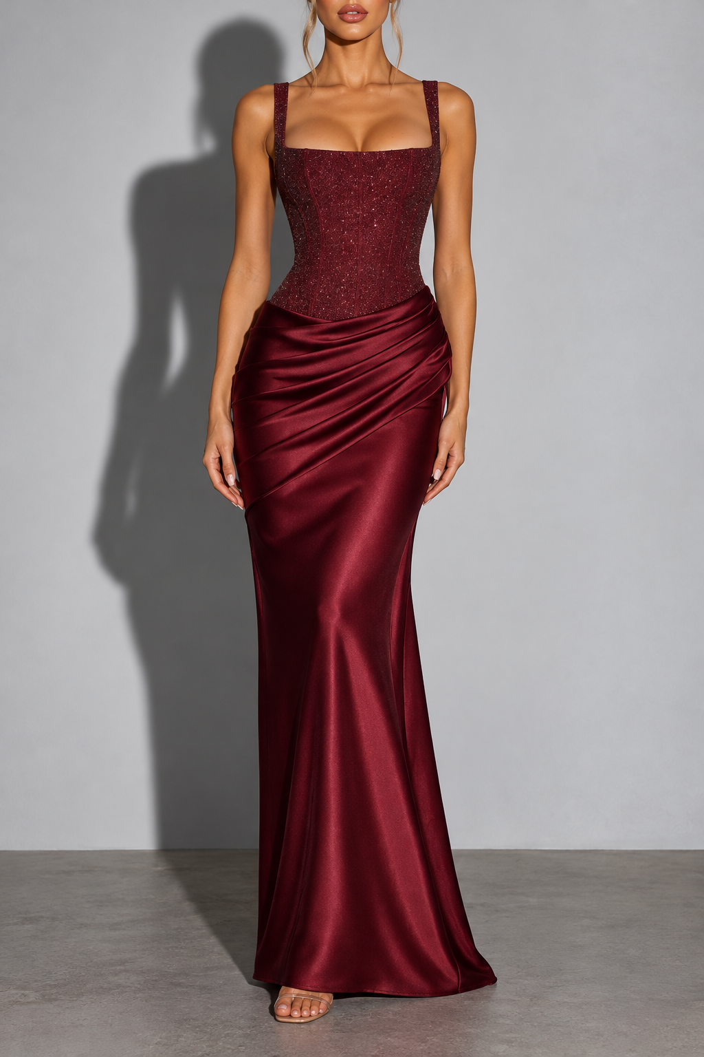 Burgundy Strapless Draped Maxi Dress