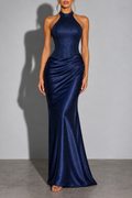 Navy Halter Draped Maxi Dress
