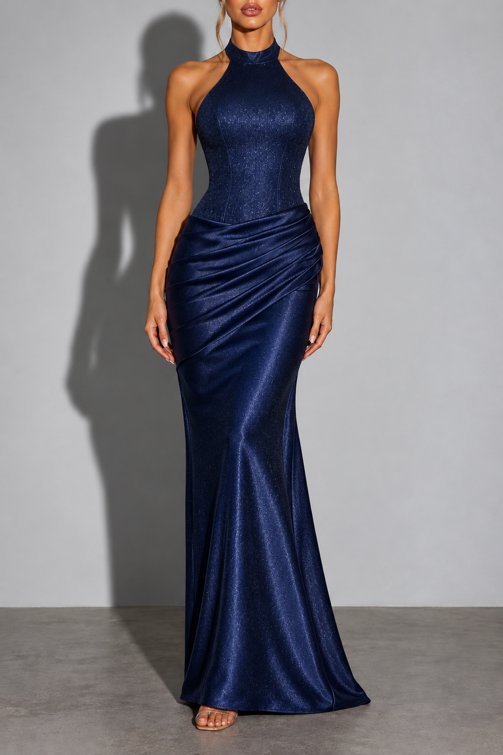 Navy Halter Draped Maxi Dress
