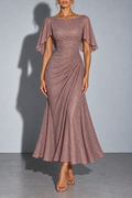 Mauve Flutter Sleeve Draped Midi Dress