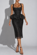 Black Sequin Square Neck Peplum Midi Dress