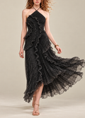 Black Sequin Halter Ruffle High Low Midi Dress