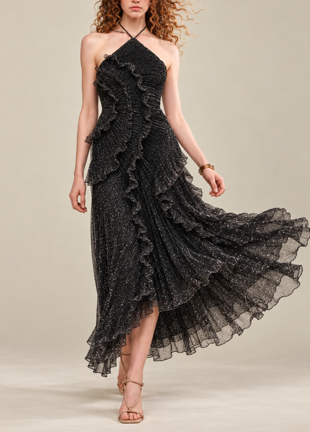 Black Sequin Halter Ruffle High Low Midi Dress