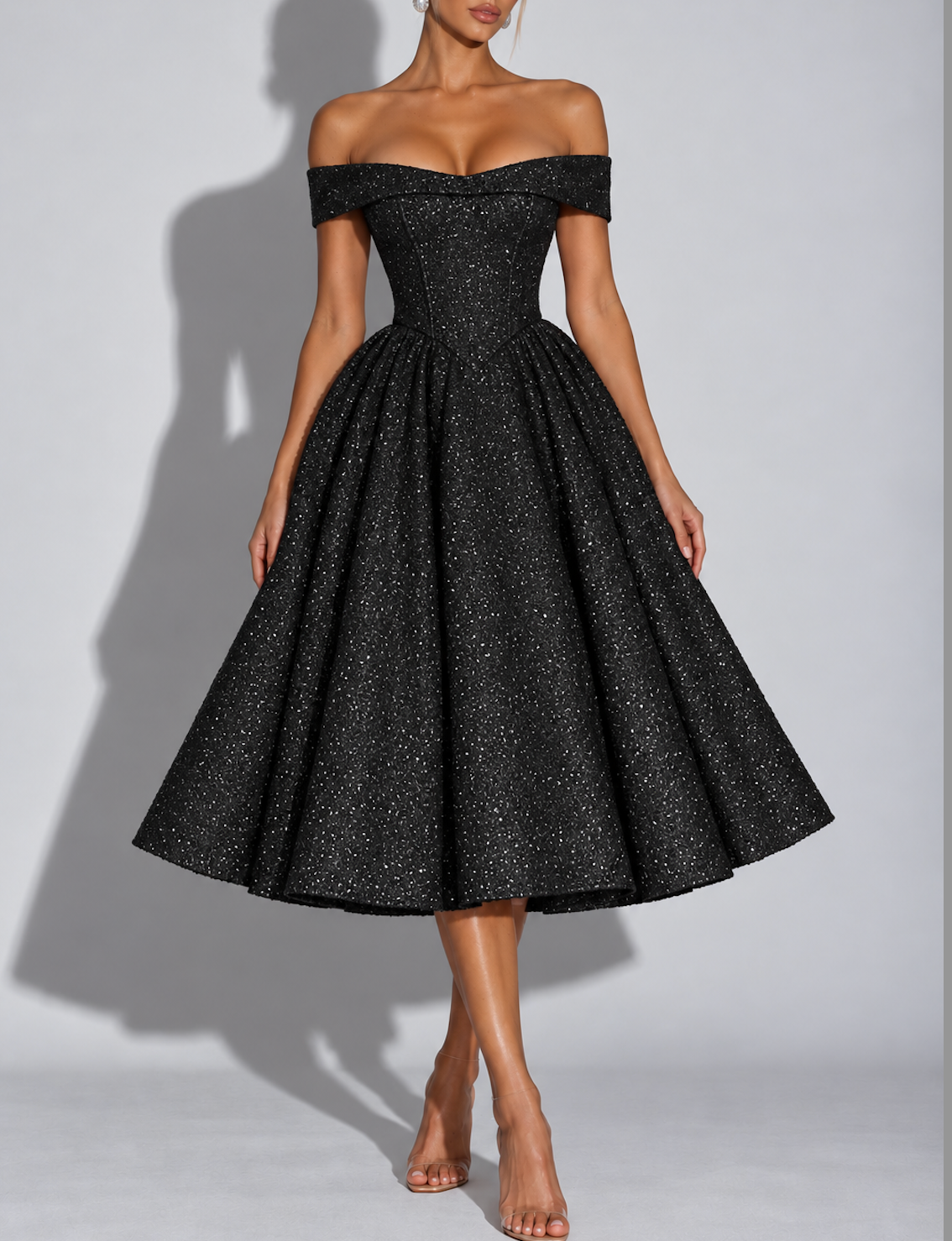 Black Sequin Off Shoulder Midi Dress