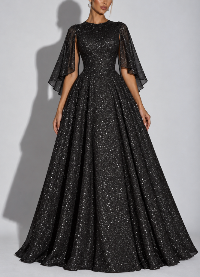 Black Sequin Short Sleeve A Line Maxi Dress