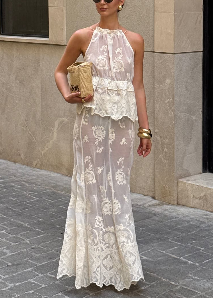 Cream Lace Halter Peplum Maxi Dress