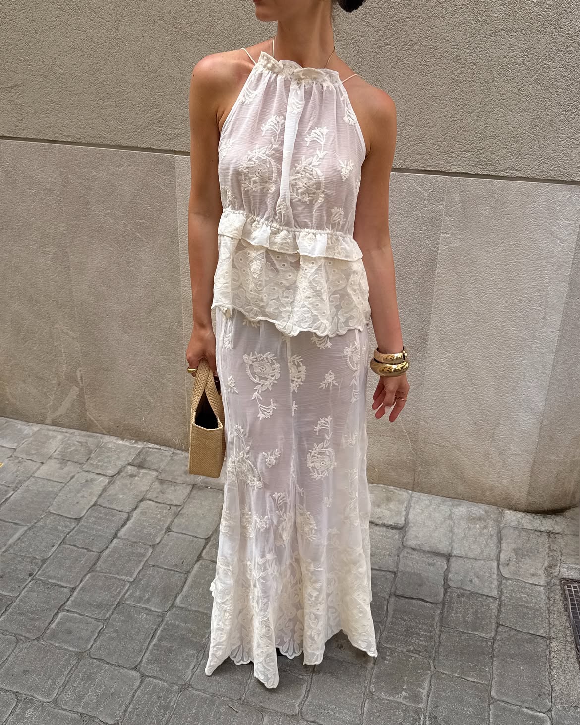 Cream Lace Halter Peplum Maxi Dress