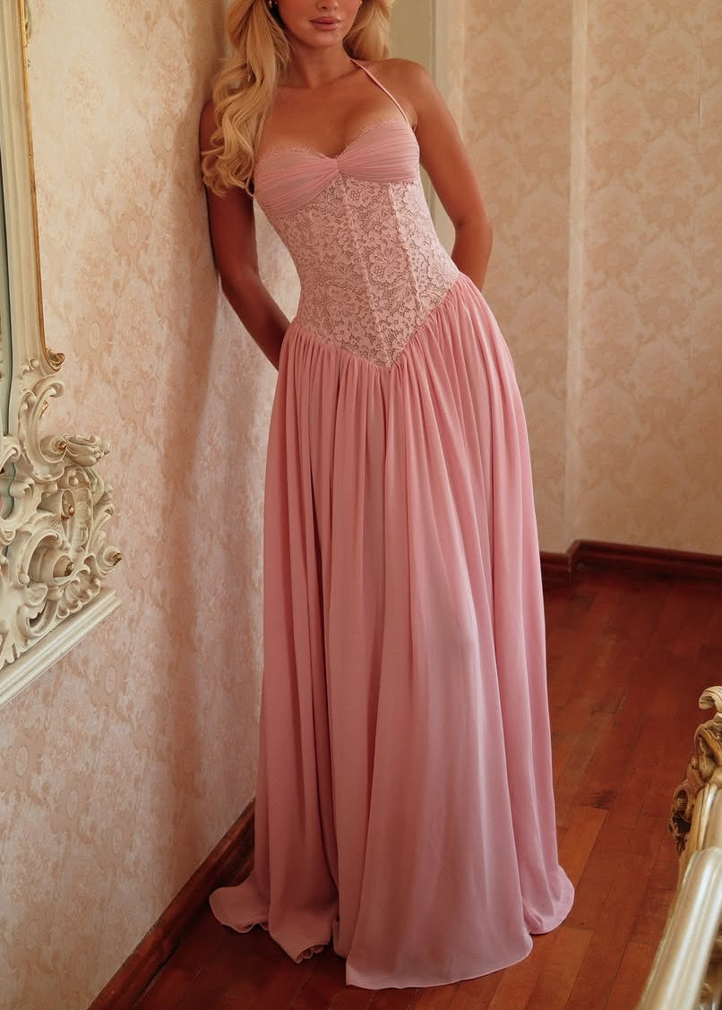 Eyelash Lace Corset Lace-Up Back Chiffon Maxi Dress