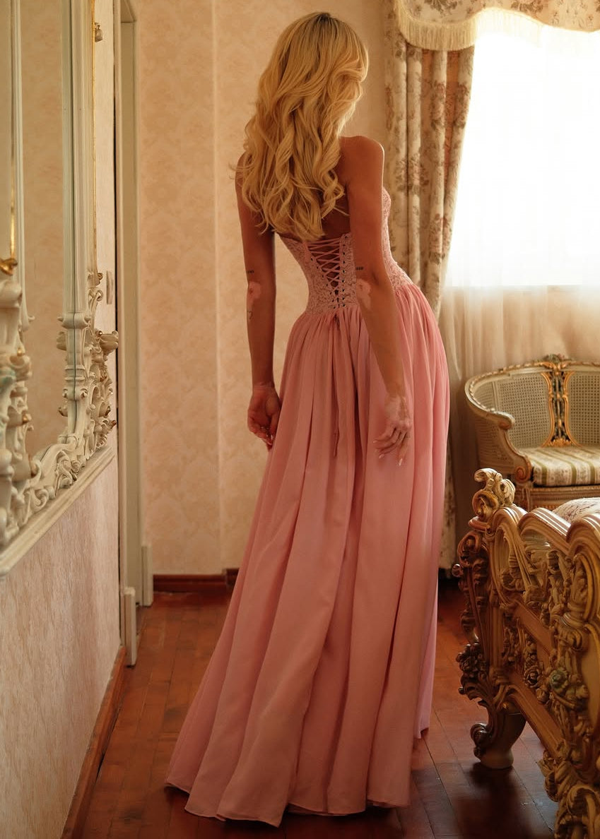 Eyelash Lace Corset Lace-Up Back Chiffon Maxi Dress