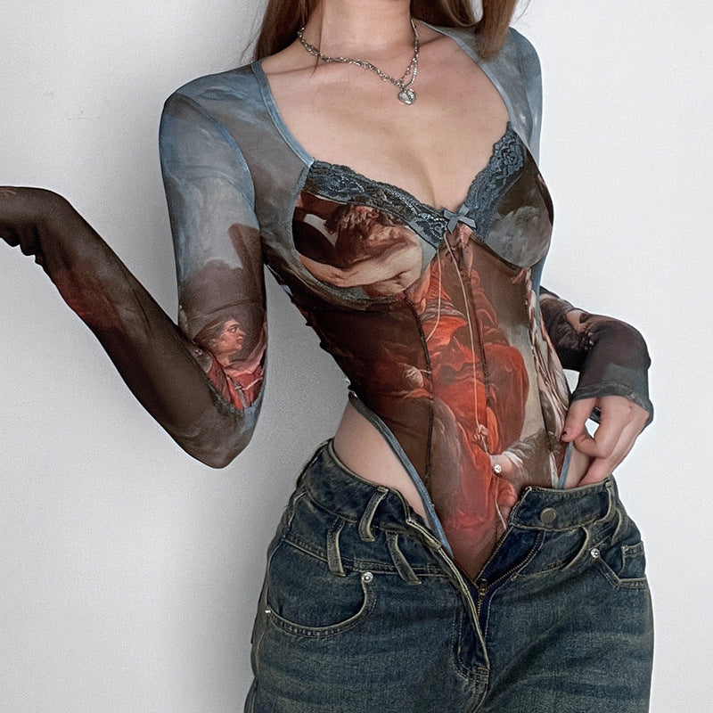 Boho Sheer Mesh Printed Long Sleeve Bodysuit Collection