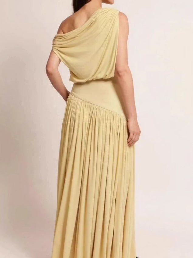 Irregular Diagonal Collar Pleated Solid Color Dress Seaside Dress
