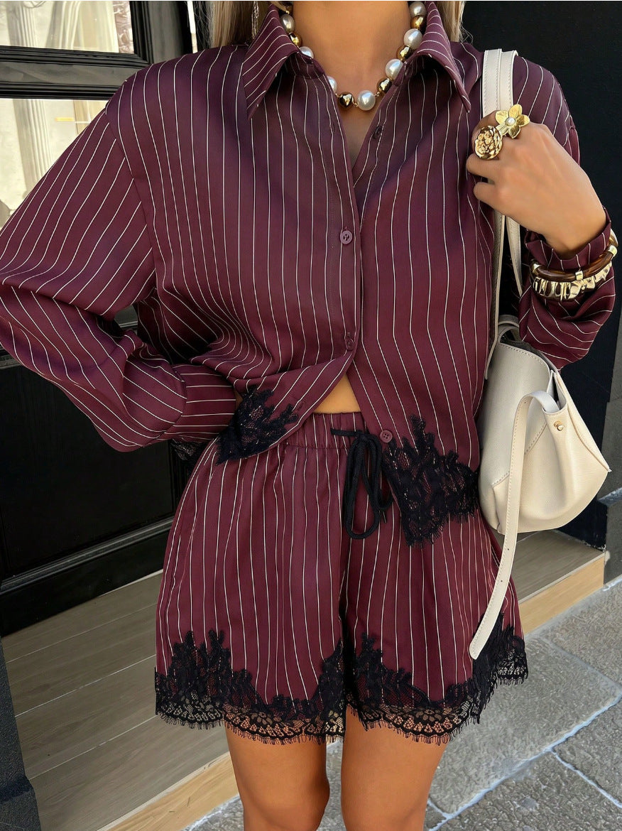 Lace Patchwork Stripes Shirt and Shorts Two-Piece Set