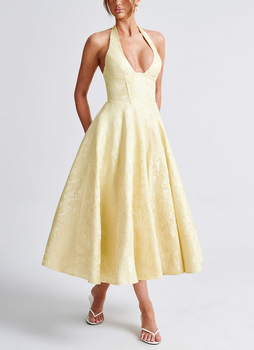 V-neck Halter Jacquard Dress Senior Evening Dress Spring/Summer Elegance Sleeveless Backless Waist Trimming Long Dress