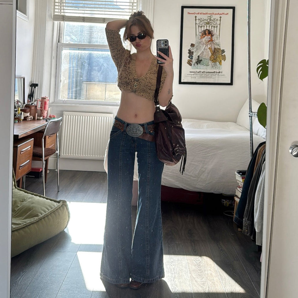 Bohemian Vintage High-Waisted Vertical Stitch Wide-Leg Jeans