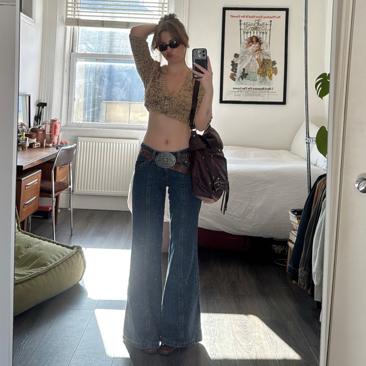 Bohemian Vintage High-Waisted Vertical Stitch Wide-Leg Jeans