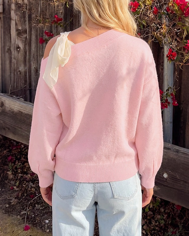 Bow Tie Cold Shoulder Knit Sweater