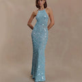 Sky Blue Halter Neck Crochet Sequin Mermaid Maxi Dress