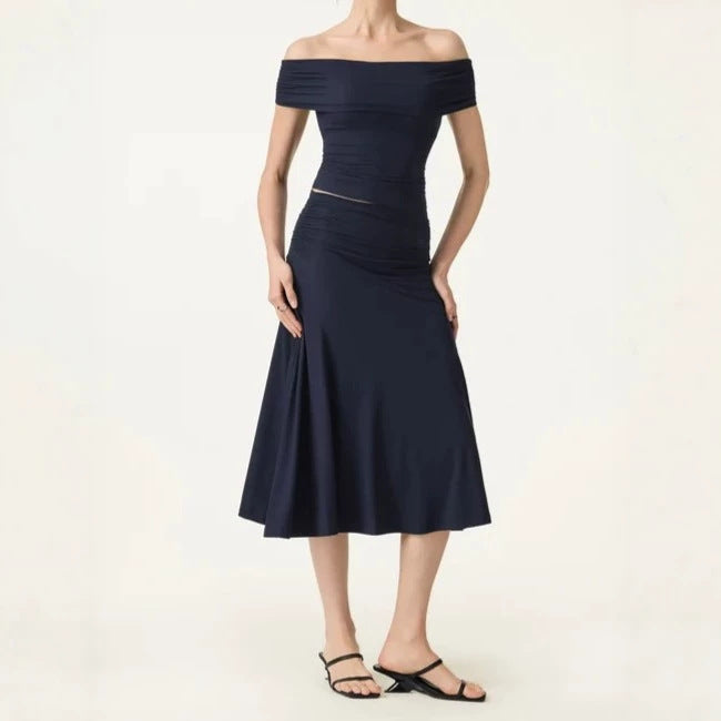 Women's Summer Slim Fit Pleated Skirt Set with Built-in Chest Pads and Off-Shoulder Design