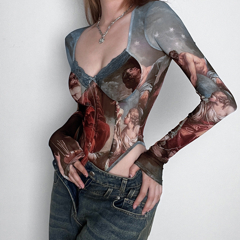 Boho Sheer Mesh Printed Long Sleeve Bodysuit Collection