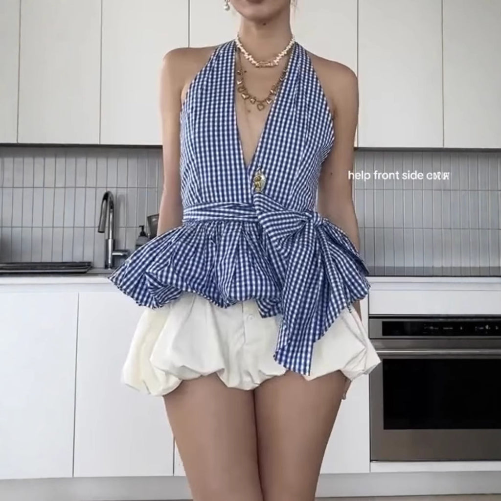 Gingham Halter V-Neck Bow-Tie Peplum Top