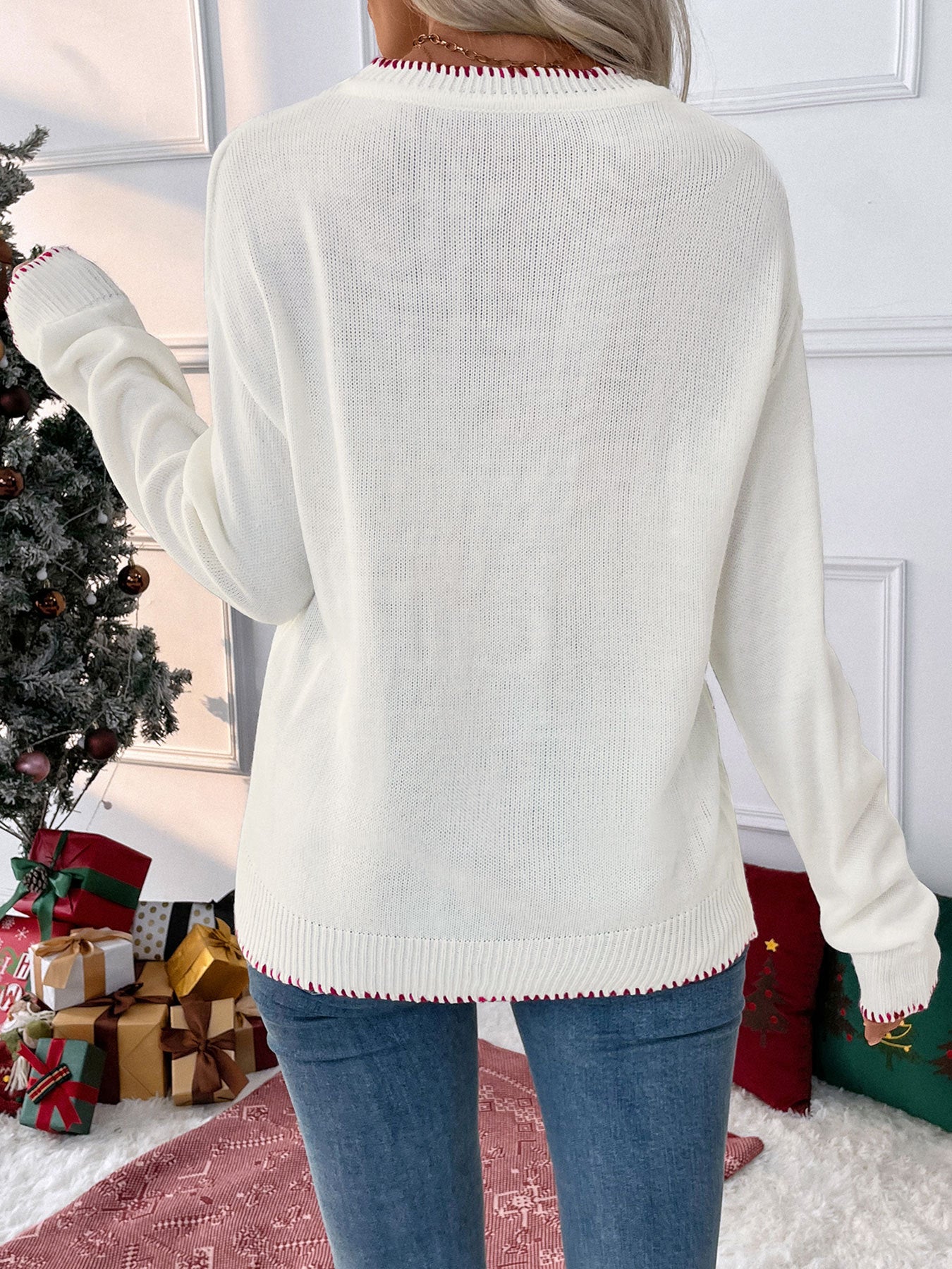 Red Bow Jacquard Crew Neck Oversized Knit Sweater