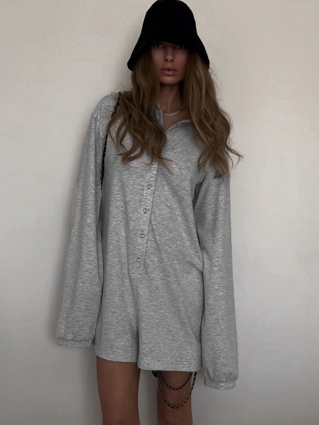 Boho Collared Half-Button Loose Long Sleeve Romper