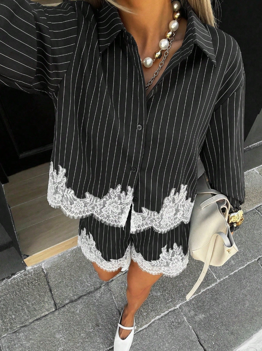 Lace Patchwork Stripes Shirt and Shorts Two-Piece Set