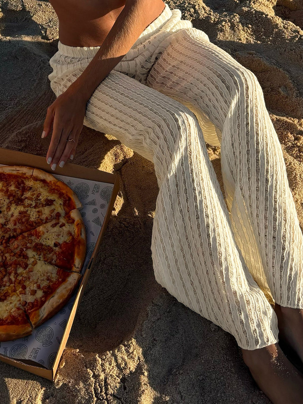 Off-White Textured Crochet Bohemian Wide-Leg Pants