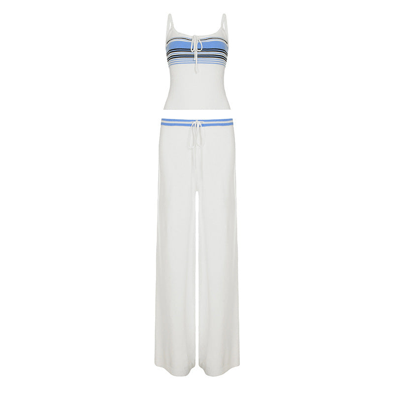 Bohemian Striped Color-Block Knit Cami & Wide-Leg Pants Set