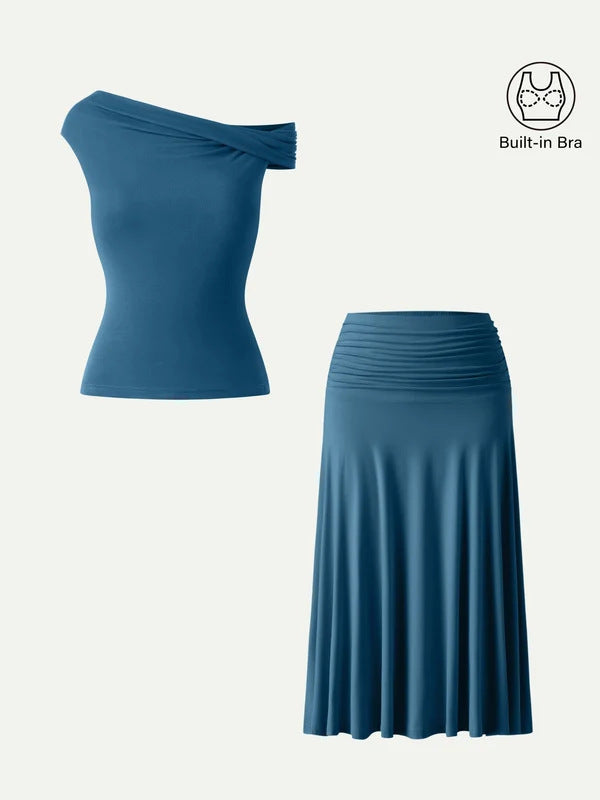 Women's Summer Slim Fit Pleated Skirt Set with Built-in Chest Pads and Off-Shoulder Design