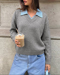 Two-Tone Polo Collar Faux Two-Piece Knit Sweater