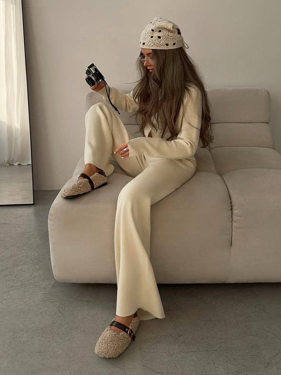 Solid Cardigan Wide Leg Pants Knit Set