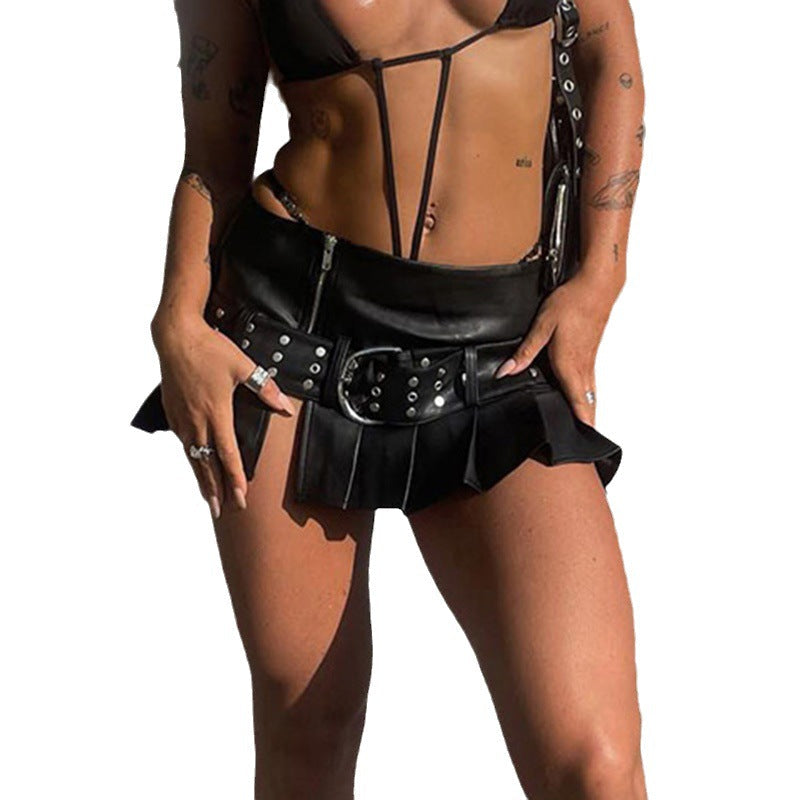 Rivet Belted Pleated PU Leather Mini Skirt