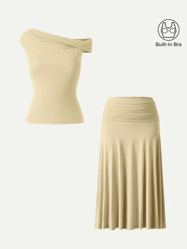 Women's Summer Slim Fit Pleated Skirt Set with Built-in Chest Pads and Off-Shoulder Design