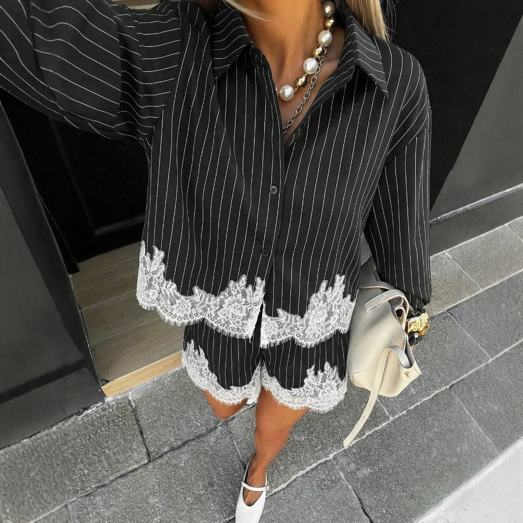Lace Patchwork Stripes Shirt and Shorts Two-Piece Set