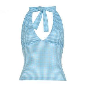Bohemian Gingham/Heart Print Halter Deep V Form-Fitting Top