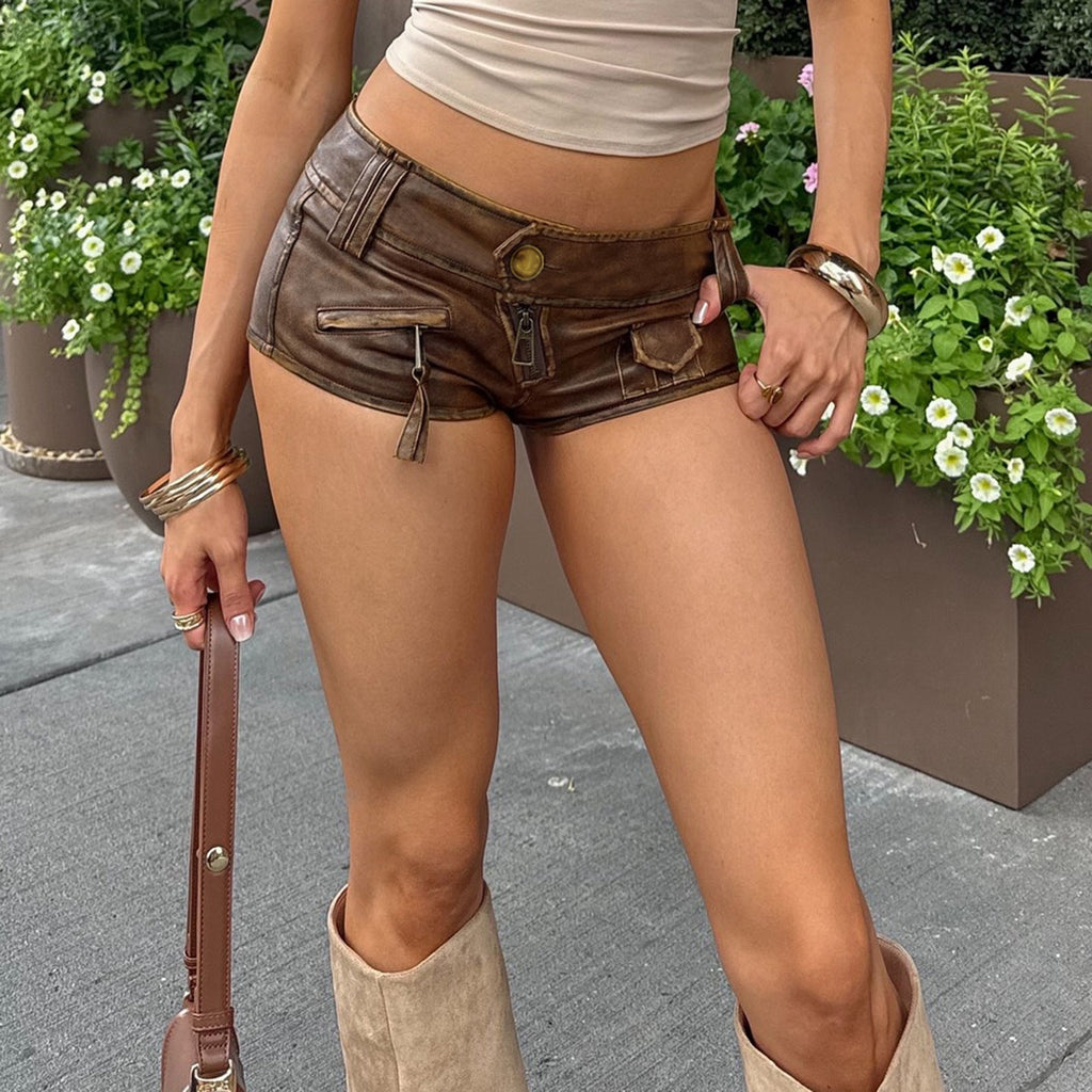 Vintage Washed Brown Low-Rise Cargo-Style Micro Shorts