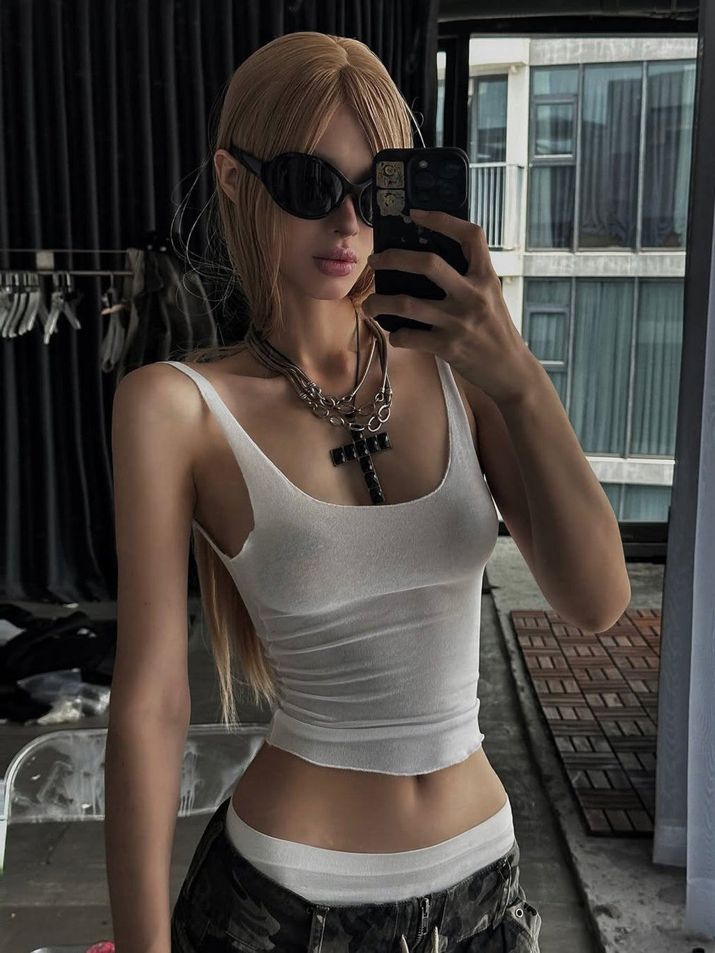 Bohemian Style Spicy Girl U-Neck Fitted White Crop Tank Top