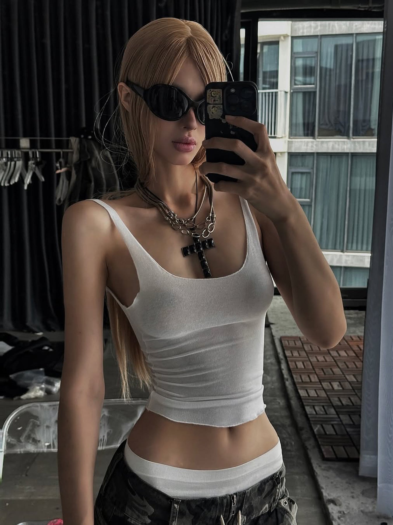 Bohemian Style Spicy Girl U-Neck Fitted White Crop Tank Top