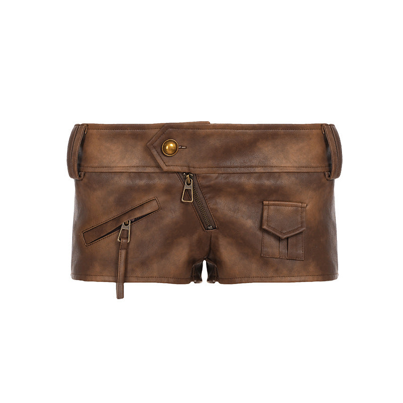 Vintage Washed Brown Low-Rise Cargo-Style Micro Shorts