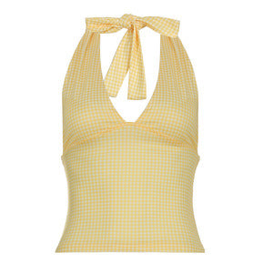 Bohemian Gingham/Heart Print Halter Deep V Form-Fitting Top