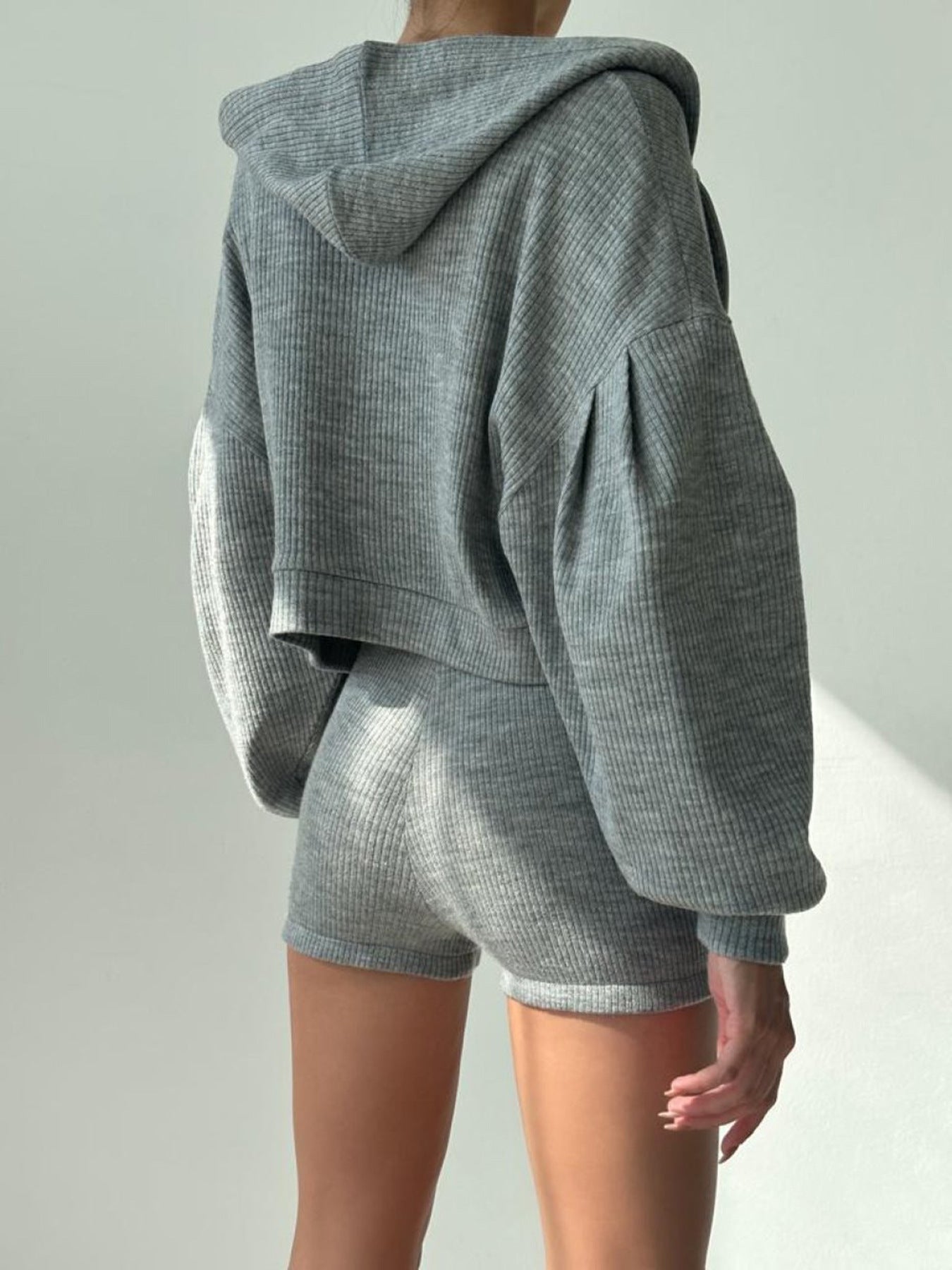 Waffle Knit Hoodie + V-Neck Bralette + Shorts Loungewear Three-Piece Set